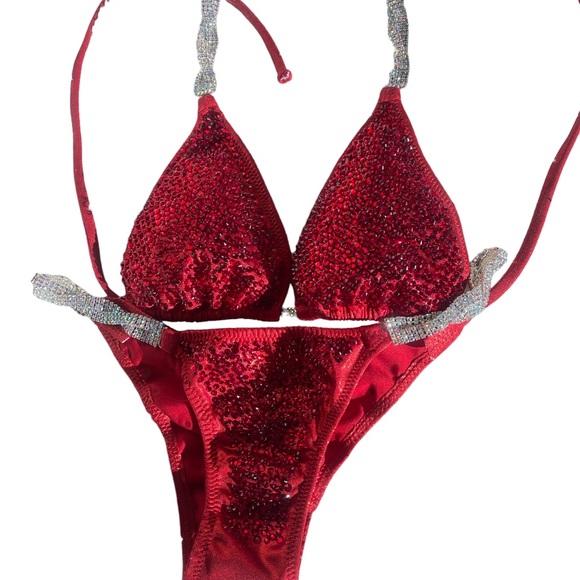 Red competition bikinis custom made rhinestones New posing bikini wellness NPC - Picture 5 of 7